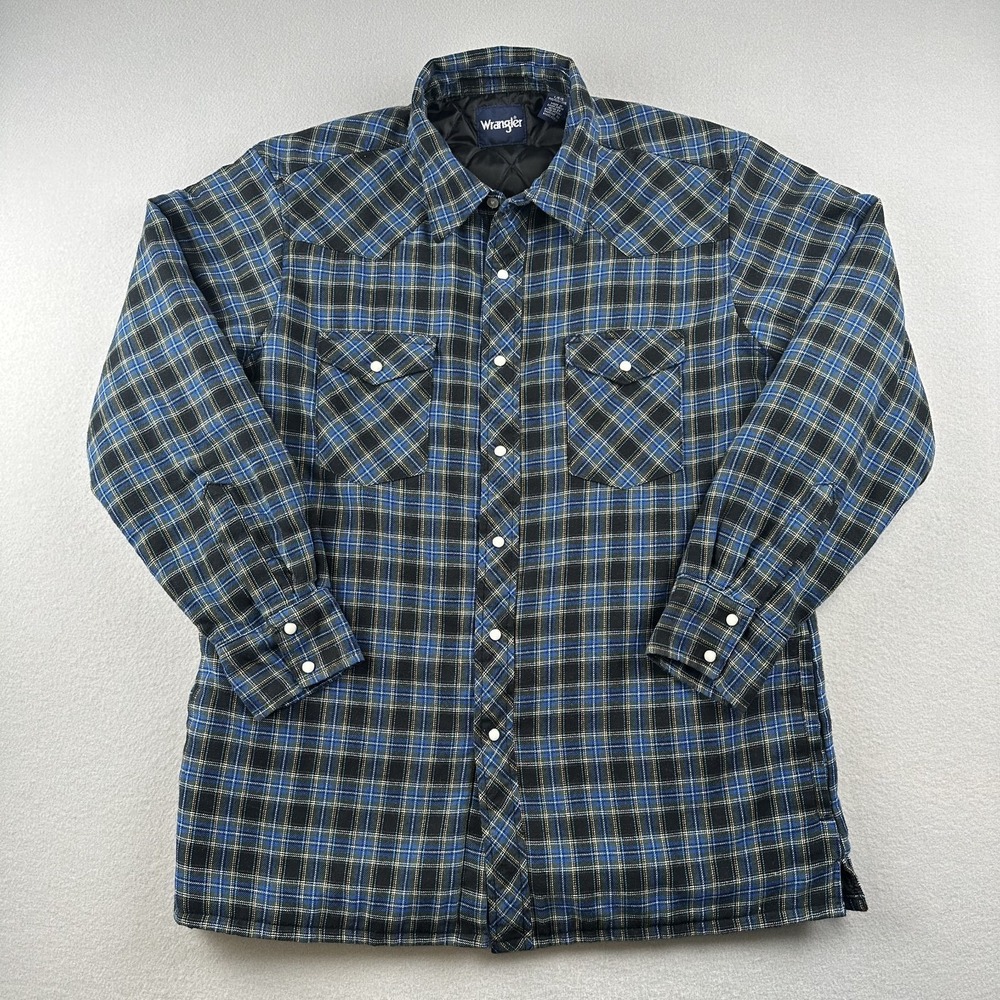 Wrangler Jacket Men's Large Blue Pearl Snap Quilt Lined Shacket Plaid Work